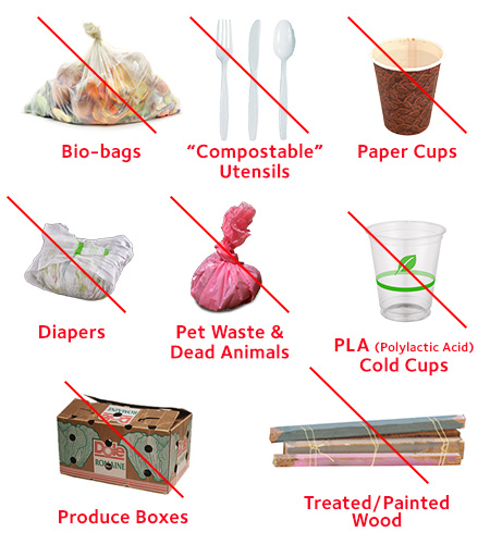 Unacceptable items for composting - Biodegradable bags, starch-based utensils and containers, pet waste, diapers, plastic-lined paper cups